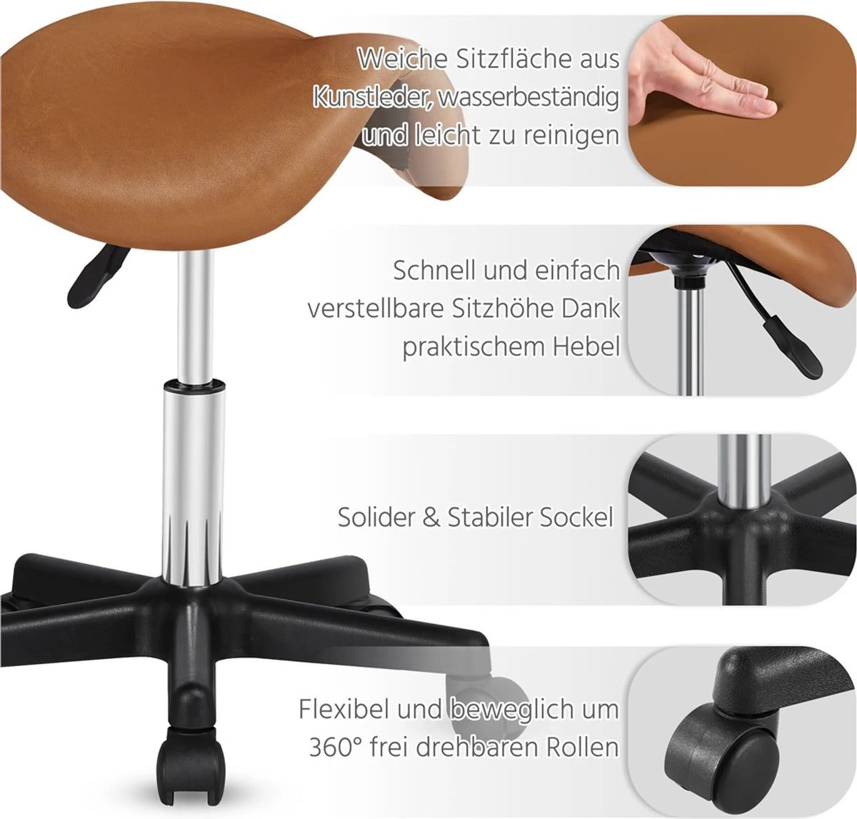 Yaheetech Saddle Stool Ergonomisch - Ausgestattet mit höhenverstellbarem SGS Gaslift und 360° drehbaren Nylonrädern und verchromtem Fuß - Für Friseursalon und Praxis - Retro Braunes PU Kunstleder und Metall - 50 x 50 x 45,5-60 cm