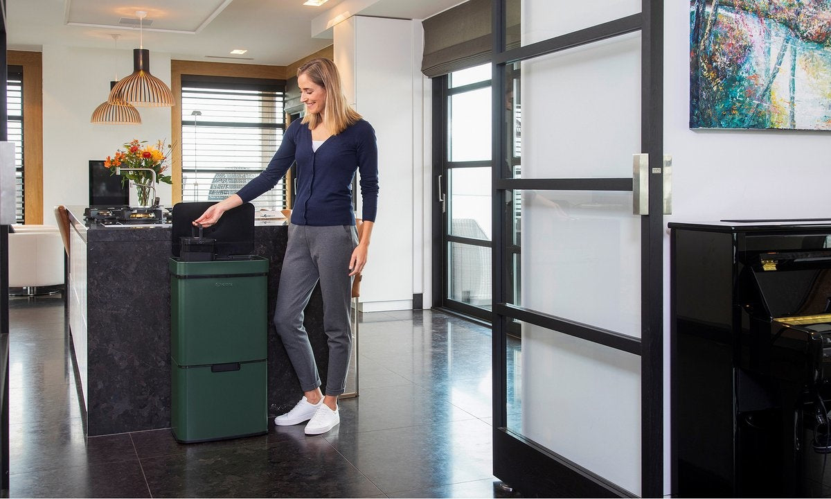 Homra NEXO Mülltrenner 3 Fächer - 72 Liter (2x12 + 48 L) mit Infrarotsensor - Edelstahl - Grün
