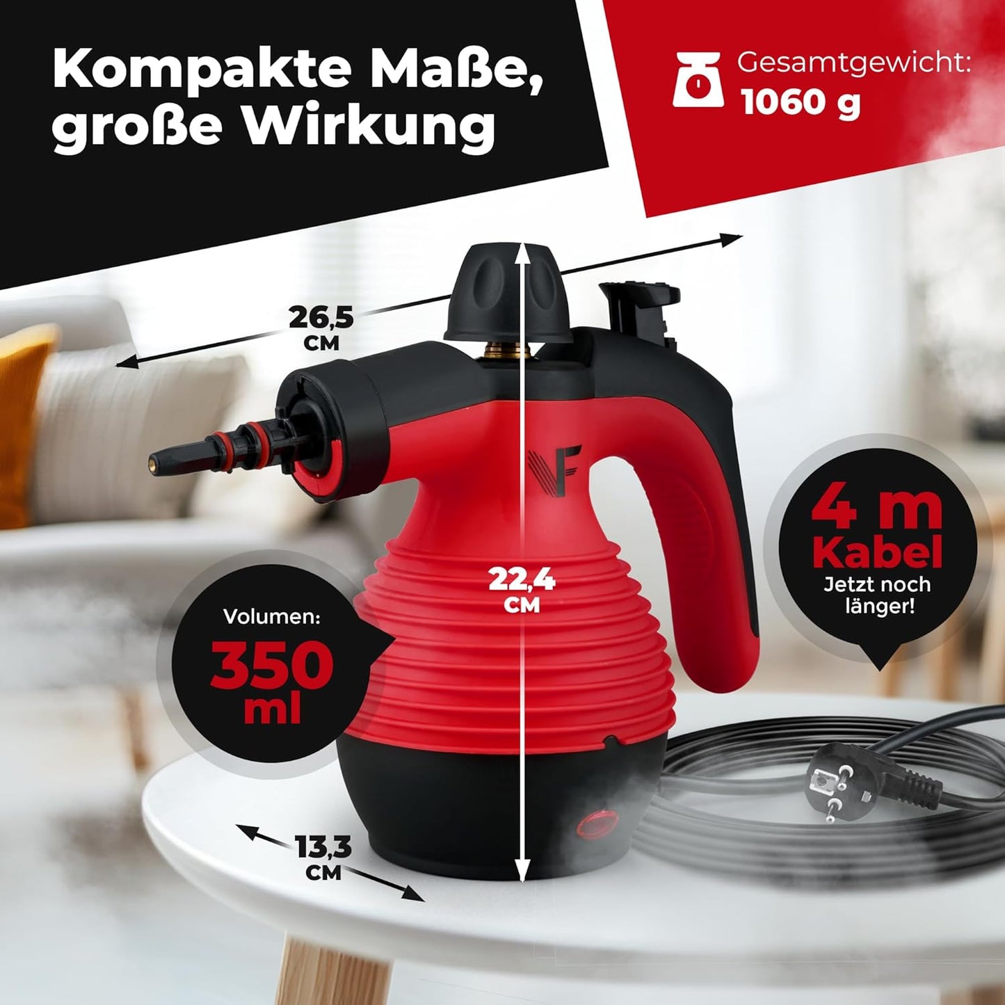 Neighbour's Friend® Dampfreiniger Neues Modell – Leistungsstarker Hand Steam Cleaner, 3,5 Bar Druck, 4m Kabel, 350ml Tank I Handdampfreiniger für Auto, Werkstatt, Haushalt & Fensterreinigung