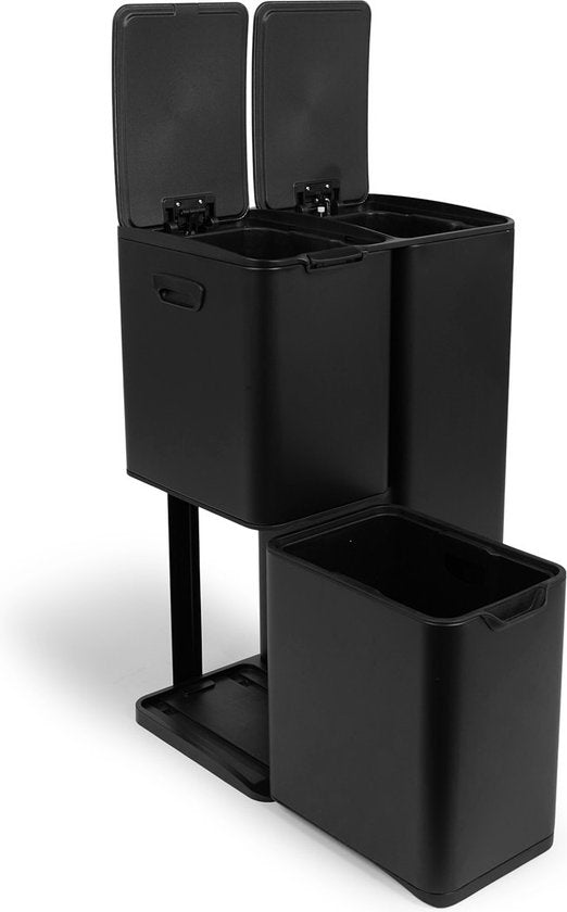 Umuzi Reinigungsabfallbehälter - 60L - Soft Close - Mattschwarz - Abfalltrennung 3 Behälter - 47 x 39 x 72