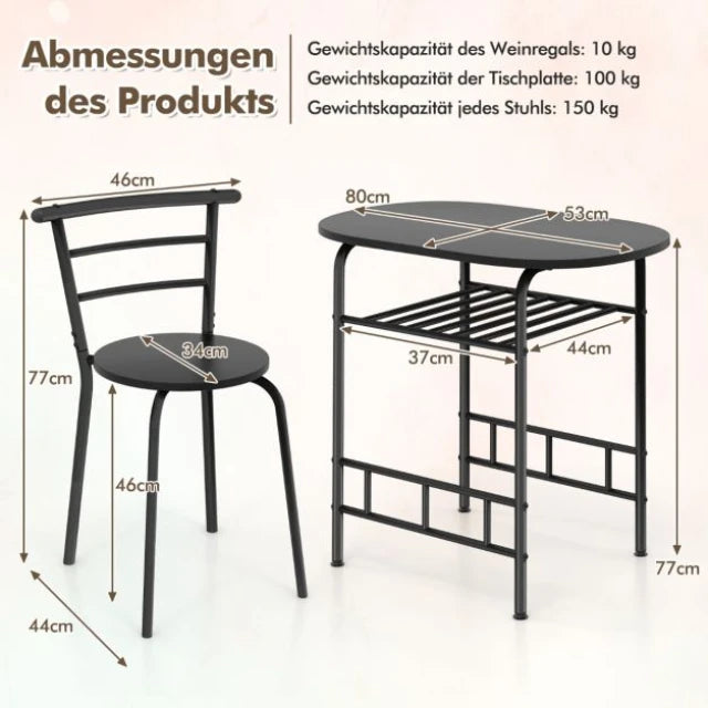 Coast Esstisch-Set Schwarz - 3-teiliges Bar-Tisch-Set mit 2 Stühlen und Weinregal - Tisch 80 x 53 x 77 cm