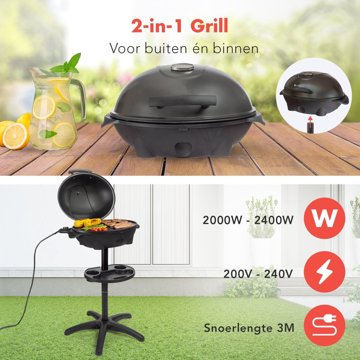 KitchenBrothers Elektrogrill - mit Grillplatte - Antihaftbeschichtung - Inkl. Ablage/Halterungen - Grillfläche 46,5x33,8cm - bis zu 300Â°C - 2400W - Schwarz