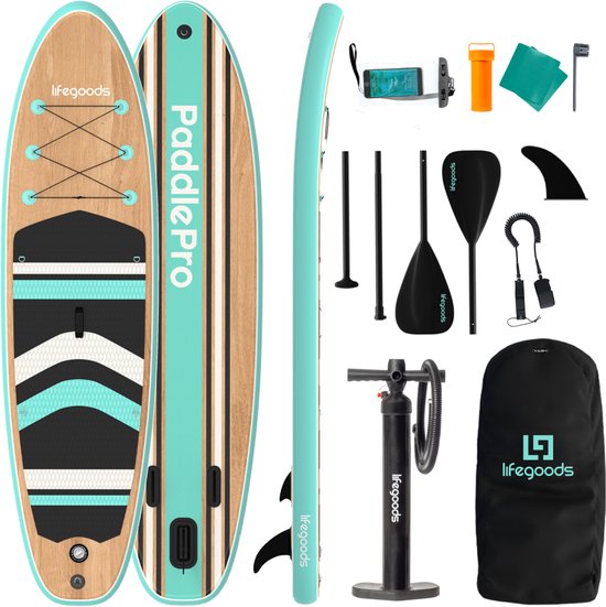 LifeGoods PaddlePro SUP Board - Aufblasbares Paddle Board - Komplettset - Max. 150KG - 320x81cm - Holz/Mintgrün