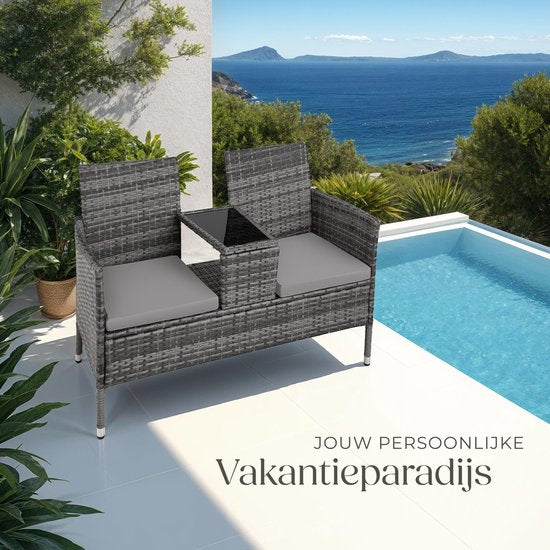 tectake - Geflecht-Gartenbank mit Tisch, 2-Sitzer-Bank, 131 x 61 x 82 cm, Bank für Gartenbalkon und Terrasse, Gartenbank inklusive Sitzkissen - grau/hellgrau - Poly-Rattan