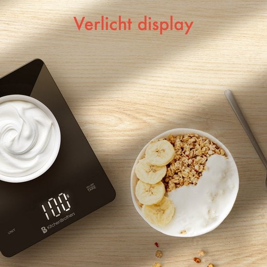 KitchenBrothers Küchenwaage - Küchenwaage - Digital - 1g bis 10kg - Batterien enthalten - Glas/Schwarz