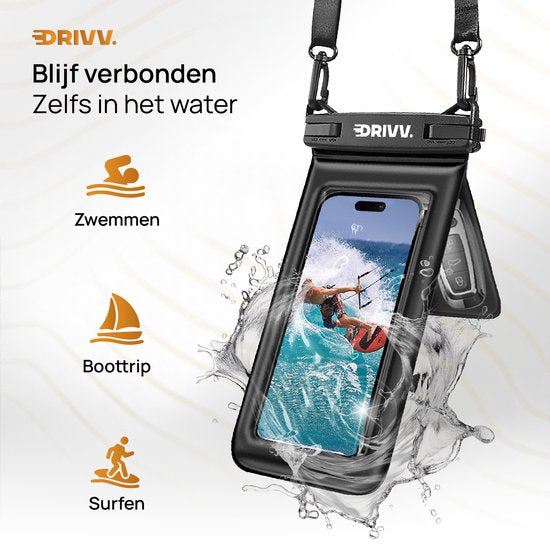 Drivv Luxe wasserdichte 2-in-1-Handyhülle – schwimmfähig – mit doppeltem Clipverschluss – für Handys bis zu 7 Zoll – schwarz