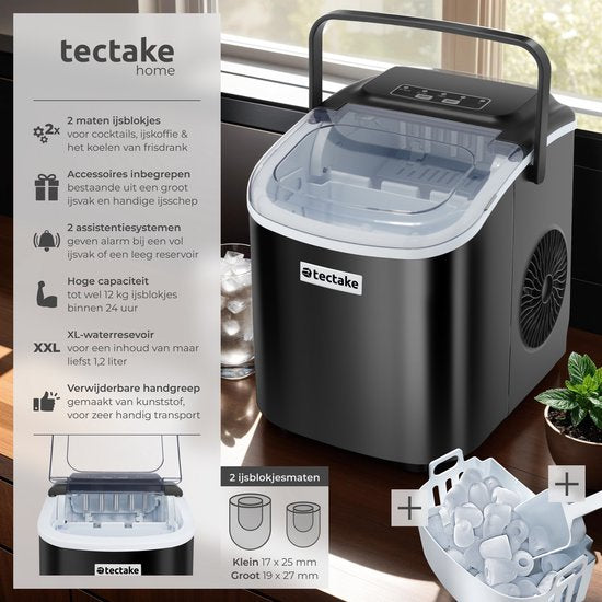 tectake® Eiswürfelbereiter Arctic - 1.2L - 2 Eiswürfelgrößen - Eismaschine - Eiswürfelbereiter mit Eisportionierer - Schwarz