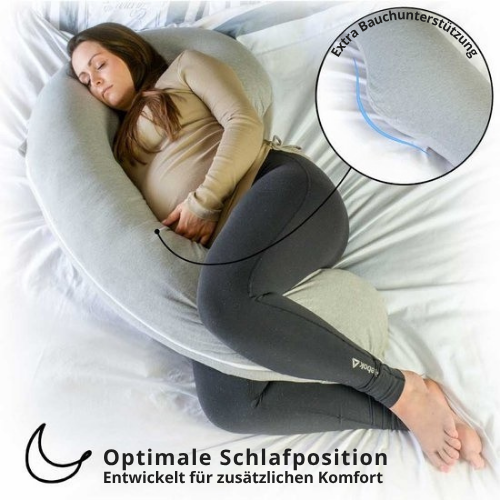 EL-Life Schwangerschaftskissen XXL - J-Shape - 155cm - abnehmbarer Jersey-Baumwollbezug - Hellgrau