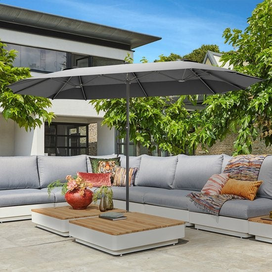 LifeGoods Doppelter Sonnenschirm - 270x460cm - Bis zu 15 Personen - Wasserdicht - Mit Bezug - Dunkelgrau