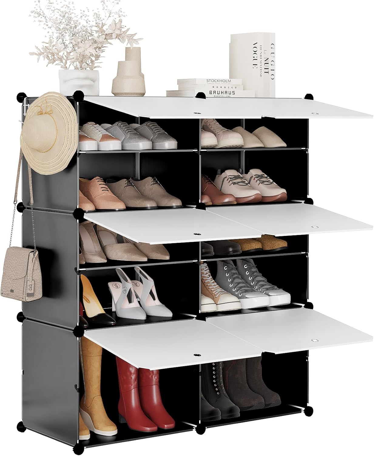 Woltu Schuhregal mit 6 Fächern – Aufbewahrungsschrank für 24 Paar Schuhe – Weiß/Schwarz – 94 x 36,5 x 109 cm