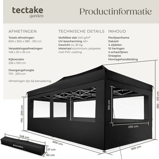 tectake® Faltpavillon – Zusammenklappbar und wasserdicht – Gartenpavillon mit 4 Seitenwänden – Inkl. Heringe, Abspannleinen und Tragetasche – Terrassenüberdachung, Partyzelt – 6 x 3 m – Schwarz