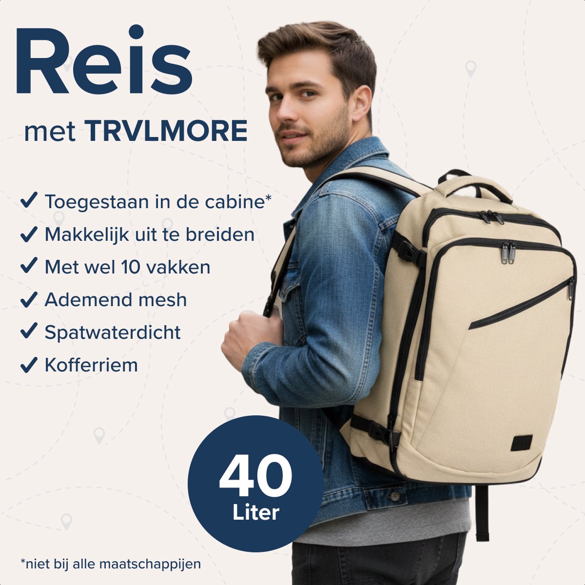 TRVLMORE 40L Reisetasche Rucksack – Handgepäck – 49 x 34 x 13 cm – Beige