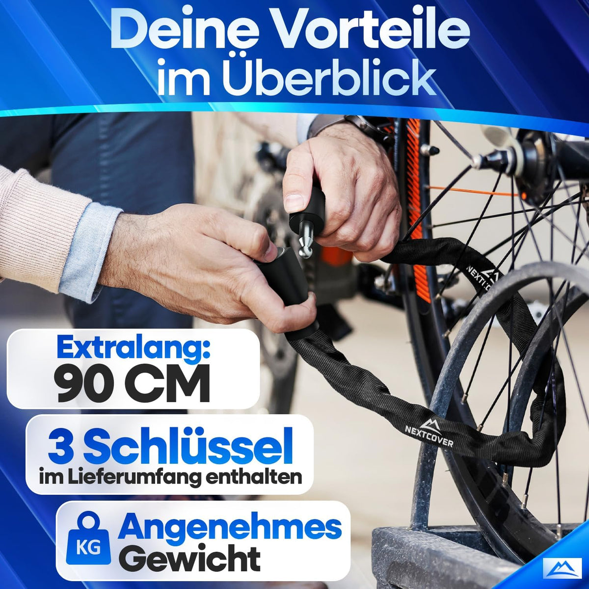 NEXTCOVER® Fahrradschloss LockOne mit Schlüssel I - [SAFE] Fahrradschloss hohe Sicherheit I robustes & langlebiges Kettenschloss Fahrrad I Fahrradschloss, Fahrradschloss 3 Schlüssel