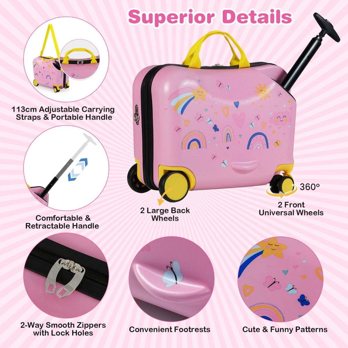 Coast Kinderkoffer- und Rucksack-Set – Sitzkoffer mit Bienenmotiv – verstellbarer Griff – rosa