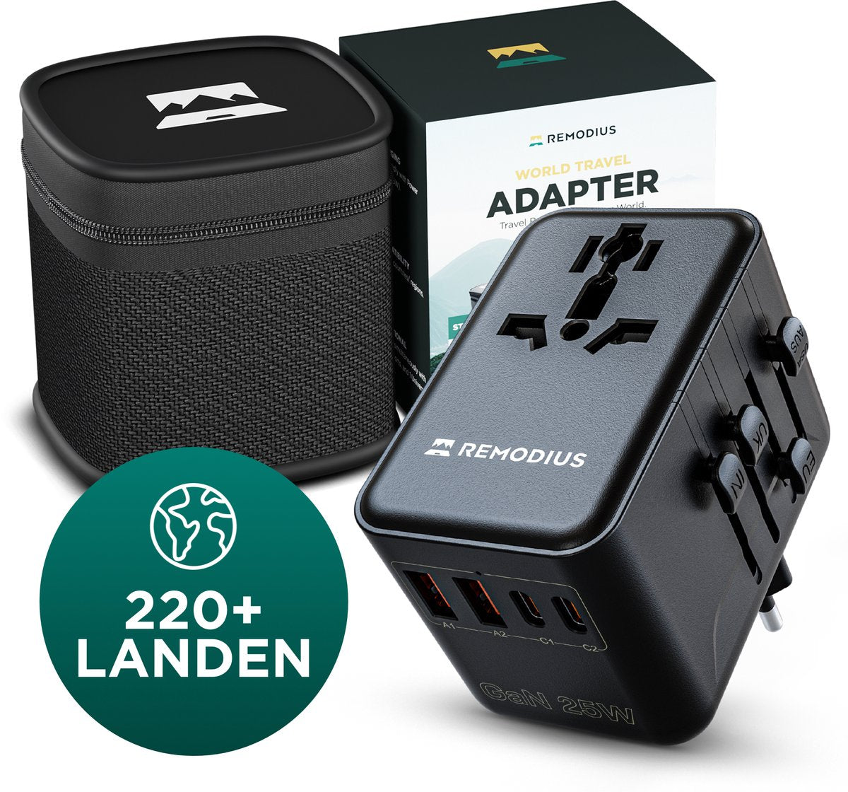 Remodius World Plug - Universeller Reiseadapter für 220+ Länder - 2x USB-C & 2x USB-A - Schnellladegerät - Typ A/B/C/D/E/F/G/I/J/L/N - Kompakt & handgepäcktauglich