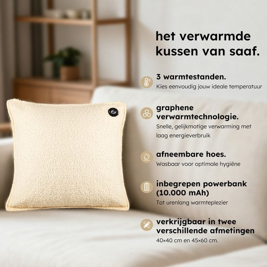 Wärmekissen - 3 Wärmestufen - Wärmekissen wiederaufladbar - 10k mAh Powerbank - Kabellos - Wärmekissen - 40 x 40 cm - Bouclé Off-white - Saaf Comfort