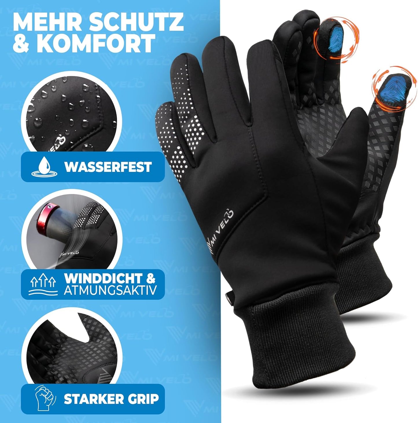 MIVELO Cycling Handschuhe VELORIDER - Wind- und wasserdicht - Funktioniert mit Touchscreens - Schwarz - Größe XL