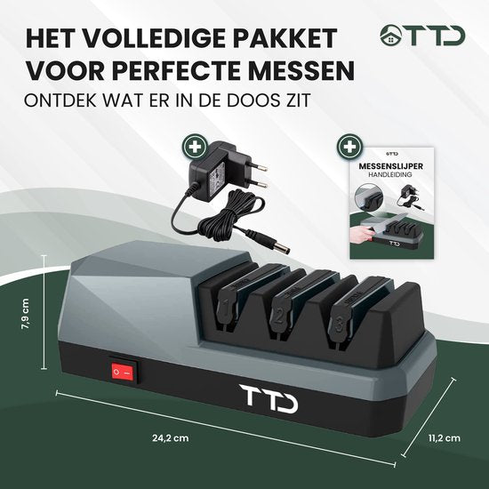 TTD® Premium Messerschärfer Elektrisch - 3 Ständer - Vorbearbeiten, Schärfen und Polieren - Anti-Rutsch - Piercing Sharpener - Messerschärfer - Wetzstahl für Messer