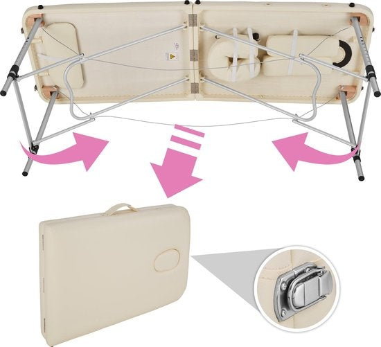 tectake - Aluminium-Massagetisch 2 Zonen, Massagetisch 4cm Matratze, klappbarer Massagetisch, höhenverstellbarer Aluminium-Massagetisch, tragbarer Massagetisch inklusive Zubehör, Aluminium-Kopfstütze, Armlehne und Tragetasche - beige