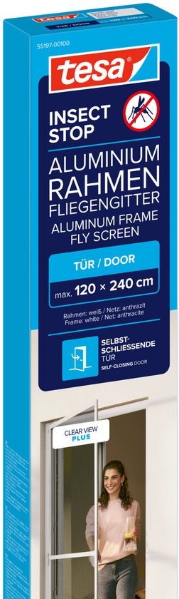 tesa INSECT STOP Aluminium-Fliegengitter für Türrahmen XL – Fliegengitter mit Aluminiumrahmen, klare Sicht, weiß – 120 x 240 cm