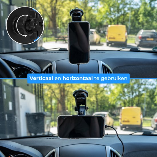 Nuvance Handyhalter für das Auto – Handyhalter mit Saugnapf – Kompatibel mit MagSafe – Inkl. USB-C-Kabel – Kabelloses Ladegerät – Handyhalter für das Auto