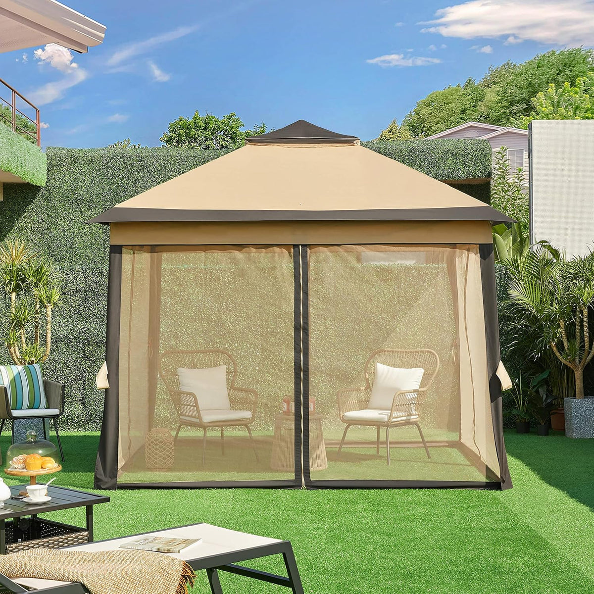 Yaheetech Pop-up-Pavillon 3,3 × 3,3 m mit 4 Netz-Seitenwänden und Tragetasche, Khaki/Braun
