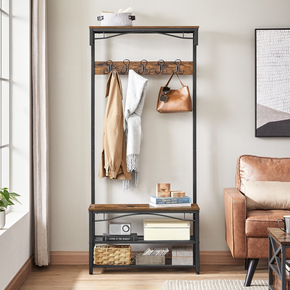 O'DADDYÂ¬Ã† Garderobenständer hochkant - Garderobe mit Schuhablage - 15 Haken 2 Lagen Schuhablage 6 Paar - Garderobe - 80 x 32 x 178,5 cm - braun