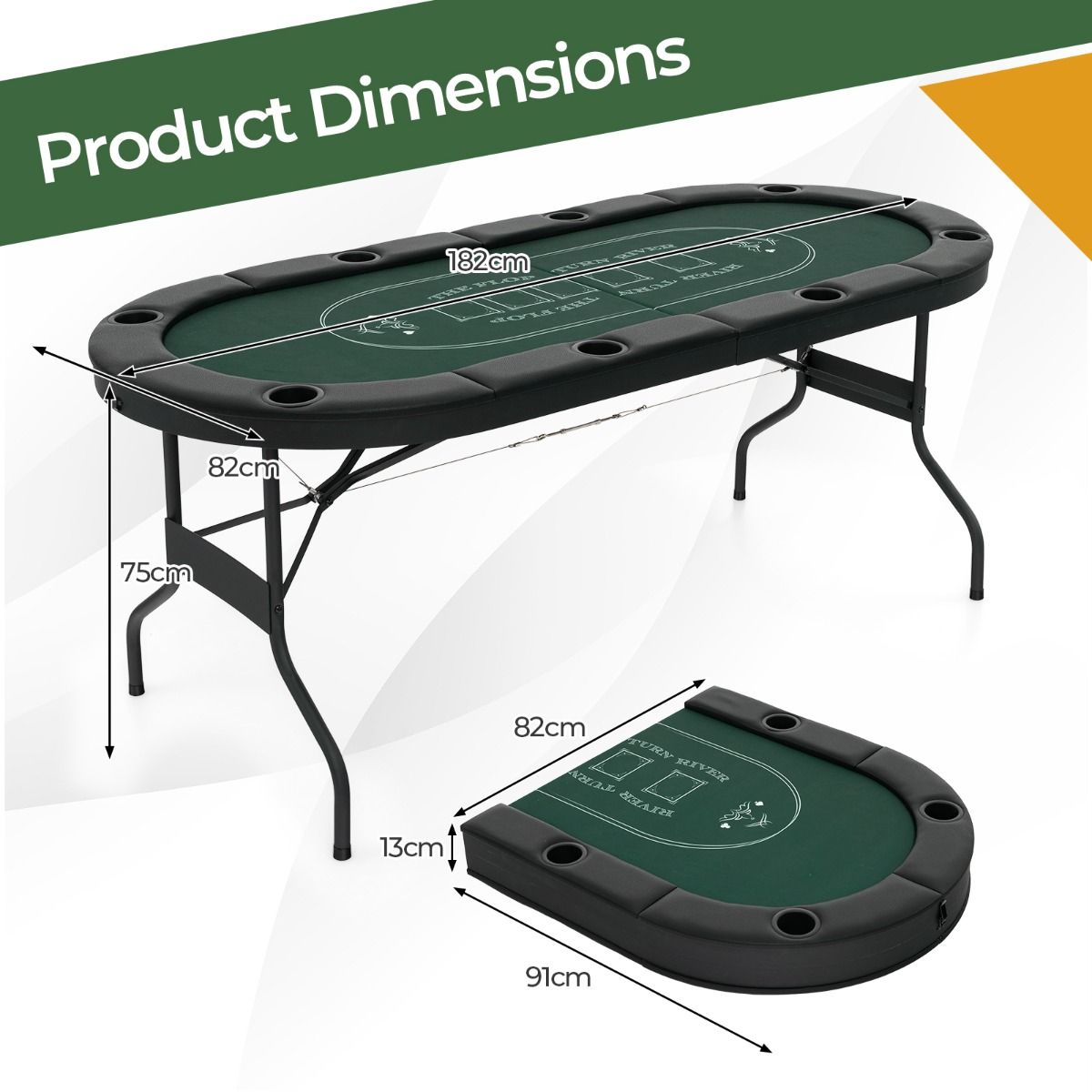 Coast Klappbarer Casinotisch - Für 8 Spieler - 182x82x75 cm - Schwarz/Grün