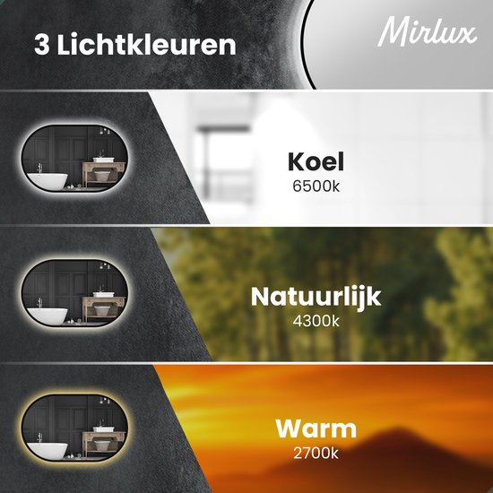 Mirlux Badezimmerspiegel - mit LED-Beleuchtung & Heizung - Wandspiegel Oval - Anti-Kondensations-Duschspiegel - 90x60CM - Schwarz