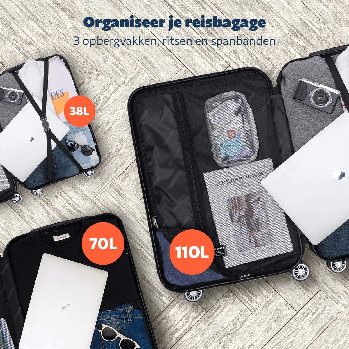 TRVLMORE - Kofferset - 3 Stück - 38L (Handgepäck) + 70L + 110L - Dunkelblau