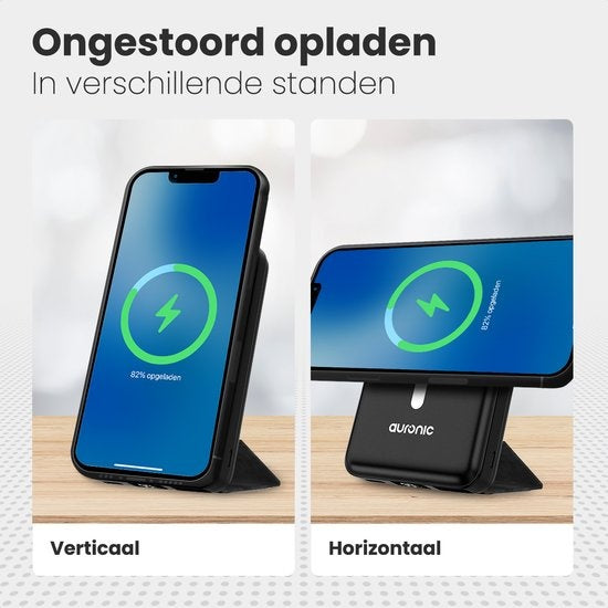 Auronic Powerbank - 10.000 mAh - 22,5W - iPhone 12/13/14/15 Schnellladegerät - Magnetisches und drahtloses Laden - Schwarz