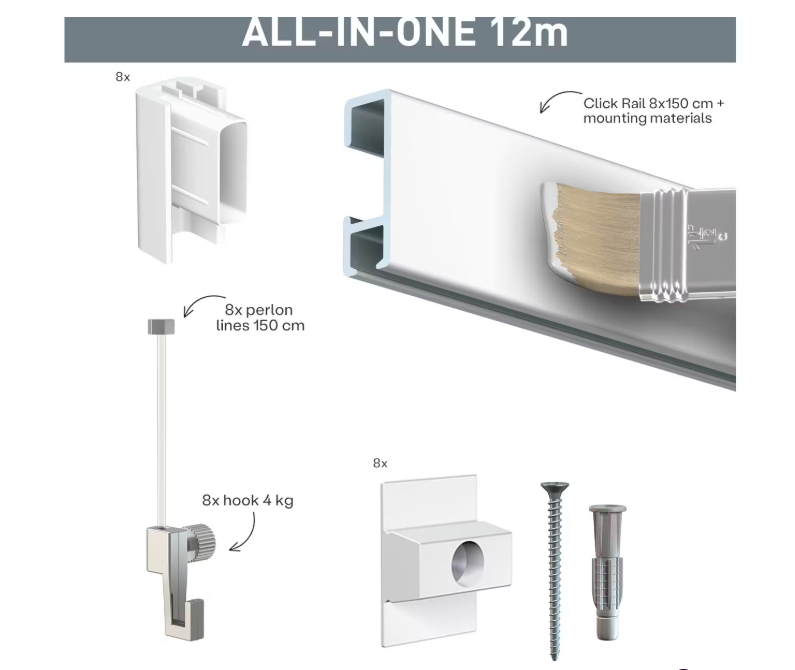 Artiteq Click Rail Foto- und Gemäldebefestigungssystem – 12 Meter Schienen – 8 x 150 cm – weiße Grundierung – inklusive Perlon-Fäden und Haken – Wandmontagesystem