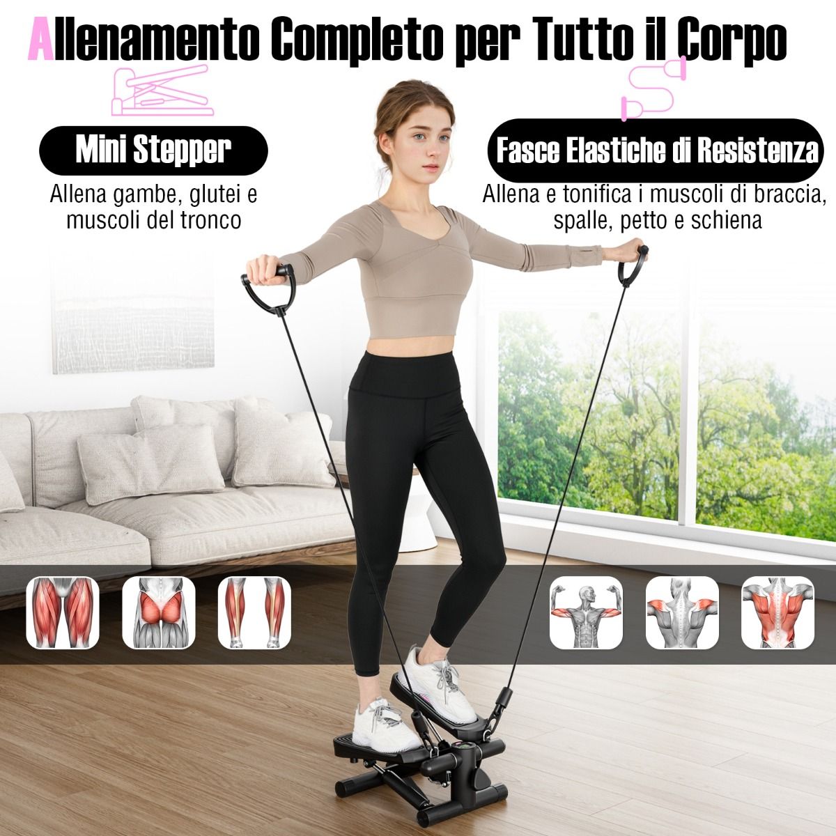 Coast Mini-Stepper mit Widerstandsbändern – einstellbare Intensität – kompakt und leise – schwarz