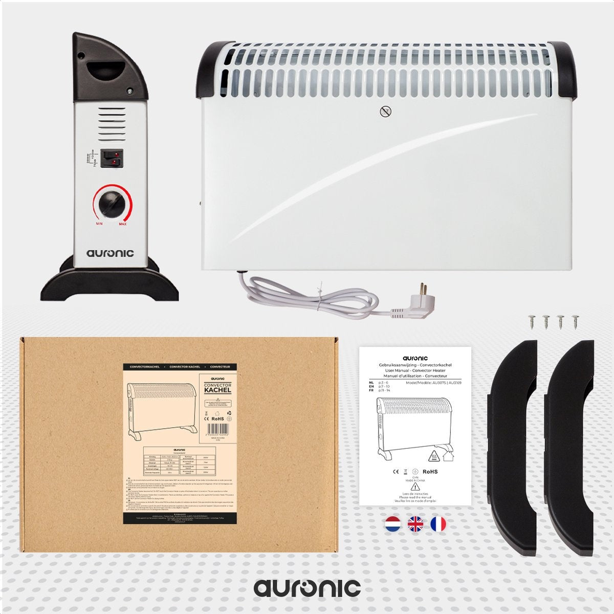 Auronic - Elektrische Konvektorheizung - 750/1250/2000 Watt - Einstellbarer Thermostat - Weiß