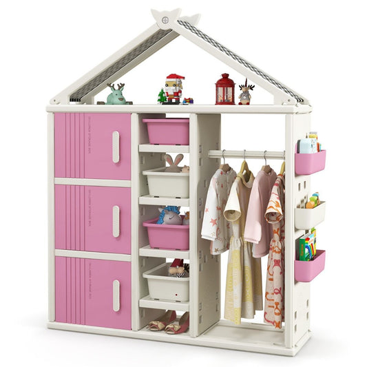 Coast House-förmiges Kinder-Bücherregal mit Garderobe - Kinderzimmer-Spielzeugschrank mit Seitenkörben, 4 Aufbewahrungsboxen und verstellbaren Einlegeböden - Rosa/Weiß - 130×34×156,5 cm