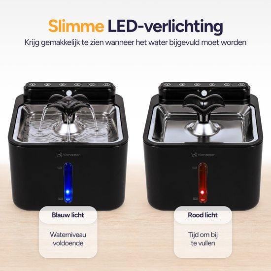 Viervoeter® Kabelloser Trinkbrunnen aus Edelstahl – Sensor-Trinkbrunnen für Katzen und Hunde – Inklusive 3 Filtern – 3,2 l – 30 Tage Batterielaufzeit – Flüsterleise