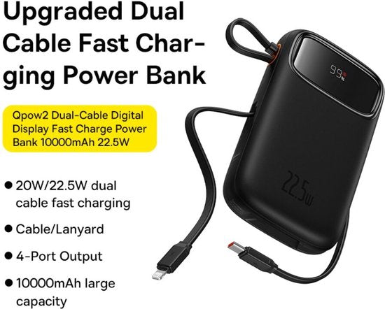Baseus 10.000-mAh-Powerbank | Schnellladung mit 20 W über USB-C und USB-A | Reiseformat mit Display, schwarz | Universelle Powerbank, u. a. geeignet für Samsung und iPhone | Integriertes USB-C- und Lightning-Kabel
