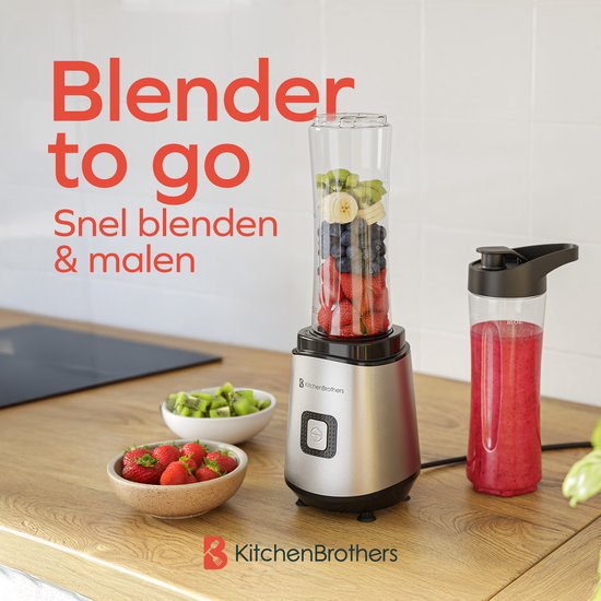 KitchenBrothers Mini Blender - Mixer zum Mitnehmen - Smoothie Maker - 2 To-Go Becher 600 ml - Edelstahl