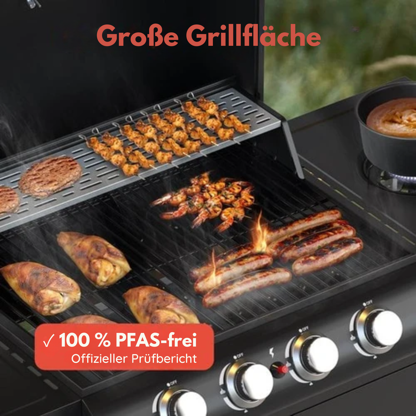 KitchenBrothers Gasgrill - Mit Seitenbrenner - 5 Brenner - Mit Gasanschluss - 42x57cm Grillfläche - Schwarz
