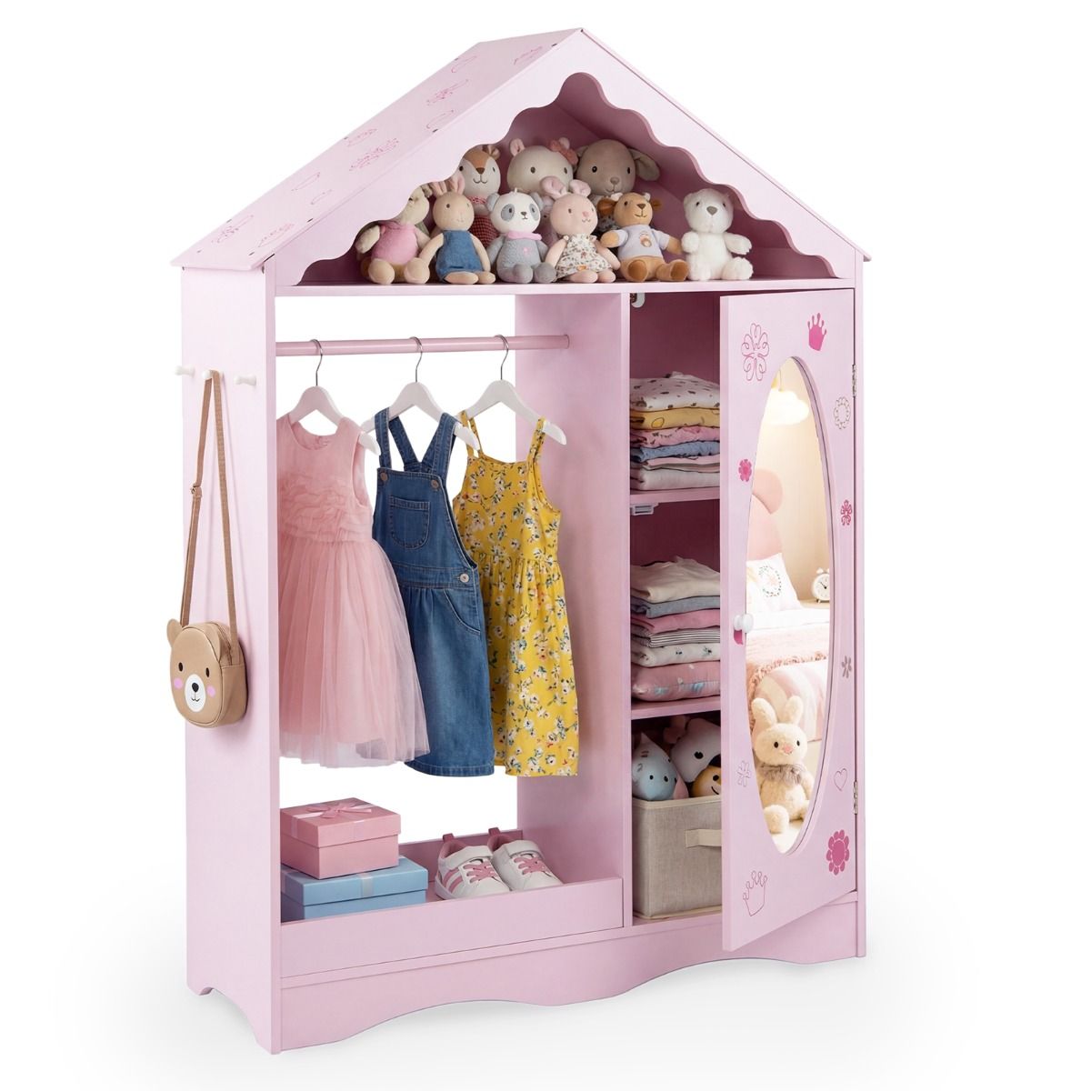 Coast Kinderkleiderschrank mit Spiegel – Dachförmiges Design mit Kleiderstange, Regalböden und Haken – 85,5 x 30 x 121 cm – Rosa
