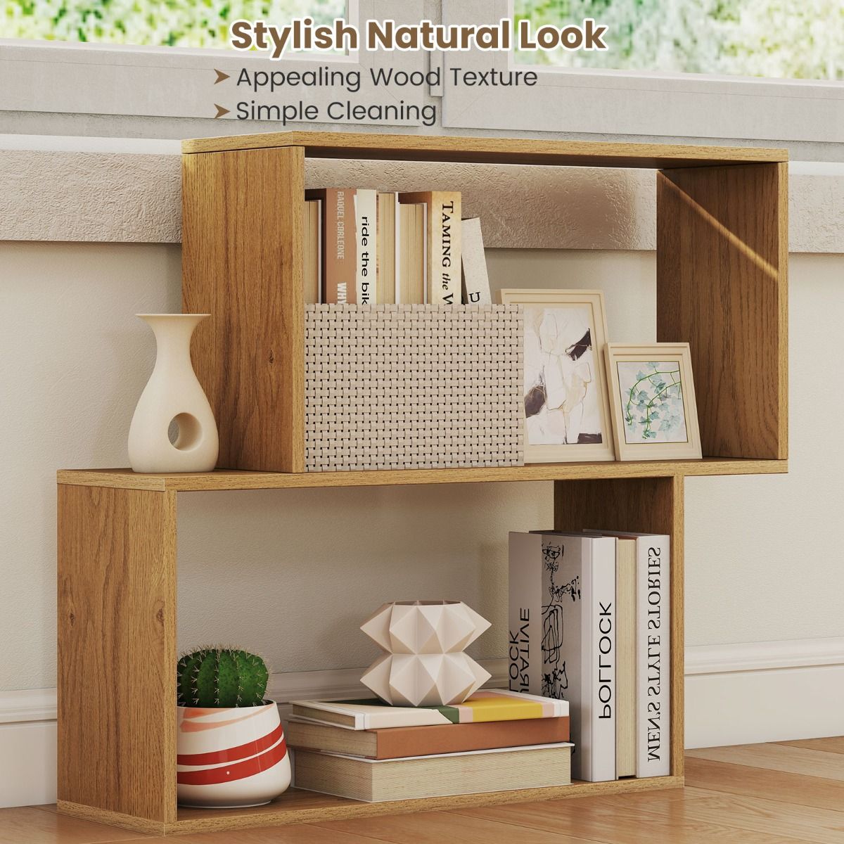 Coast Bücherregal – 3-stöckiges geometrisches Design – 2 würfelförmige Fächer – Naturholz