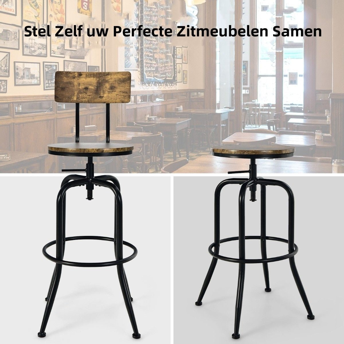 Coast Barstuhl 2er Set - Industriel - Barhocker - drehbar und höhenverstellbar - braun