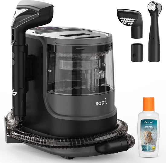 Fleckenreiniger - 7-teiliges Set - Teppichreiniger mit Dampffunktion - Inkl. Fleckenentferner - Dampfreiniger - bis zu 100°C - Schwarz - von Saaf