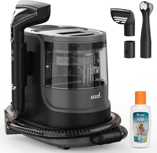 Fleckenreiniger - 7-teiliges Set - Teppichreiniger mit Dampffunktion - Inkl. Fleckenentferner - Dampfreiniger - bis zu 100°C - Schwarz - von Saaf