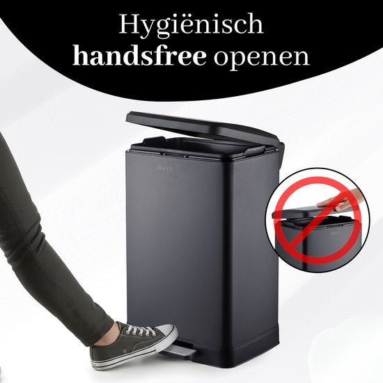 Bayt Mülleimer - Mülleimer 60 Liter - Treteimer 60 Liter - Abfalleimer - Inklusive 2 Rollen Müllbeutel - Edelstahl - Schwarz