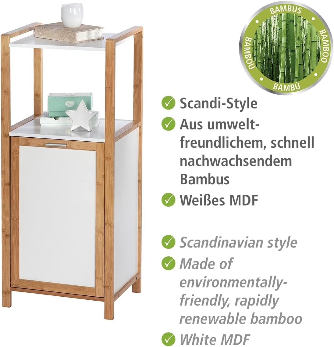 Wenko Finja Wäschekorb mit Ablage – Bambus/Weiß – 40 x 95 x 30 cm