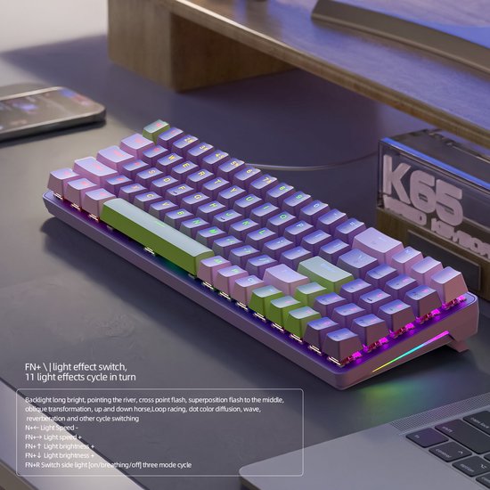 FREEWOLF K65 Mechanische Gaming-Tastatur - seitliche RGB-Beleuchtung - 78 Tasten - Mini-NumPad - roter Schalter - Blueberry
