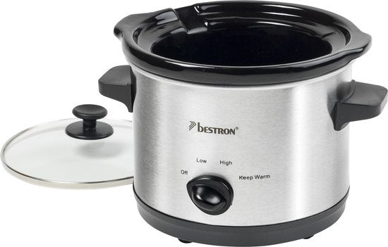 Bestron Slowcooker, mit 3 Programmen, Keramikpfanne & Glasdeckel, für 2 Personen, 1,5L Fassungsvermögen, spülmaschinenfest, 120 Watt, Farbe: silber