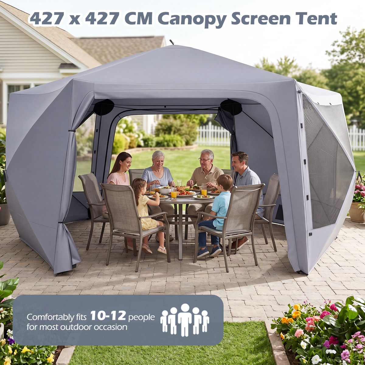 Coast Pop-up-Gartenpavillon – sechseckig – mit 6 Seitenwänden und Moskitonetzen – grau 427 x 427 cm