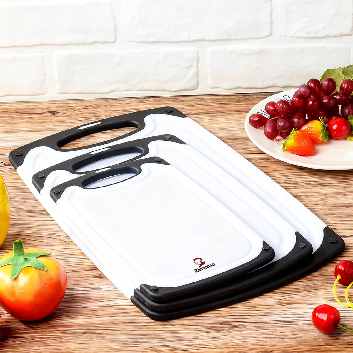 Zimatic Schneidebrett-Set, 3-teilig – Weiß/Schwarz – BPA-frei, rutschfester Griff